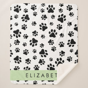 Paw Pattern, Dog Paws, Black and White, Your Name Sherpa Blanket
