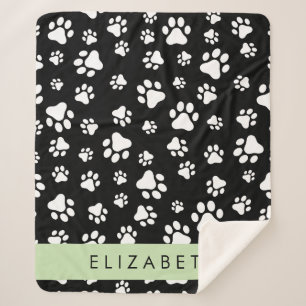 Paw Pattern, Dog Paws, Black and White, Your Name Sherpa Blanket