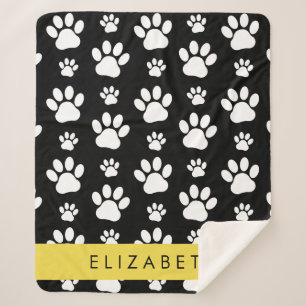 Paw Pattern, Dog Paws, Black and White, Your Name Sherpa Blanket