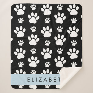 Paw Pattern, Dog Paws, Black and White, Your Name Sherpa Blanket