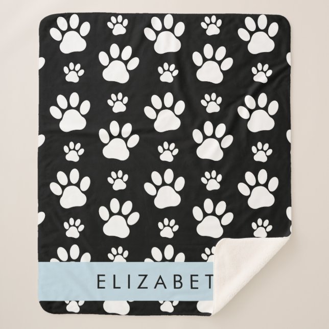 Paw Pattern, Dog Paws, Black and White, Your Name Sherpa Blanket (Front)