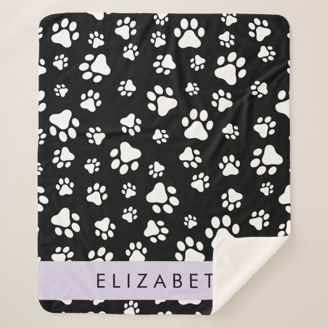Paw Pattern, Dog Paws, Black and White, Your Name Sherpa Blanket (Front)
