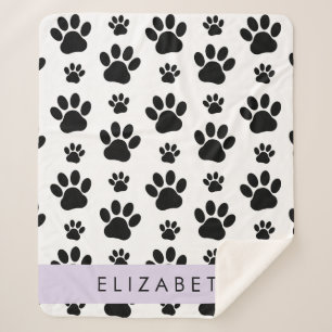Paw Pattern, Dog Paws, Black and White, Your Name Sherpa Blanket