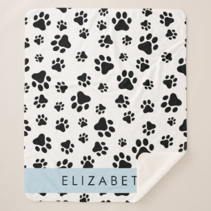 Paw Pattern, Dog Paws, Black and White, Your Name Sherpa Blanket