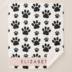 Paw Pattern, Dog Paws, Black and White, Your Name Sherpa Blanket