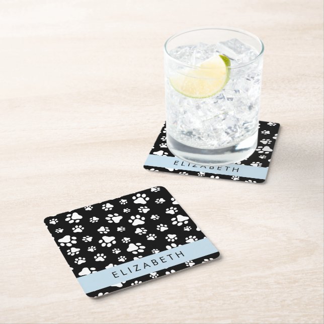 Paw Pattern, Dog Paws, Black and White, Your Name Square Paper Coaster (Insitu)