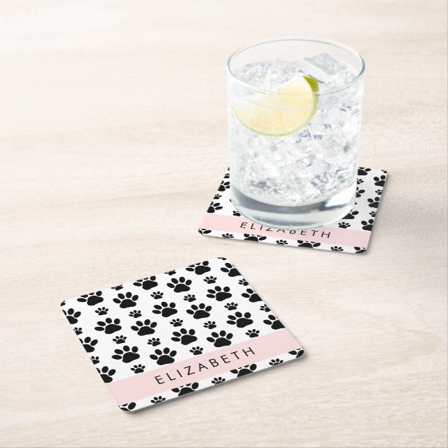 Paw Pattern, Dog Paws, Black and White, Your Name Square Paper Coaster (Insitu)