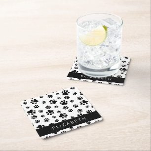 Paw Pattern, Dog Paws, Black and White, Your Name Square Paper Coaster