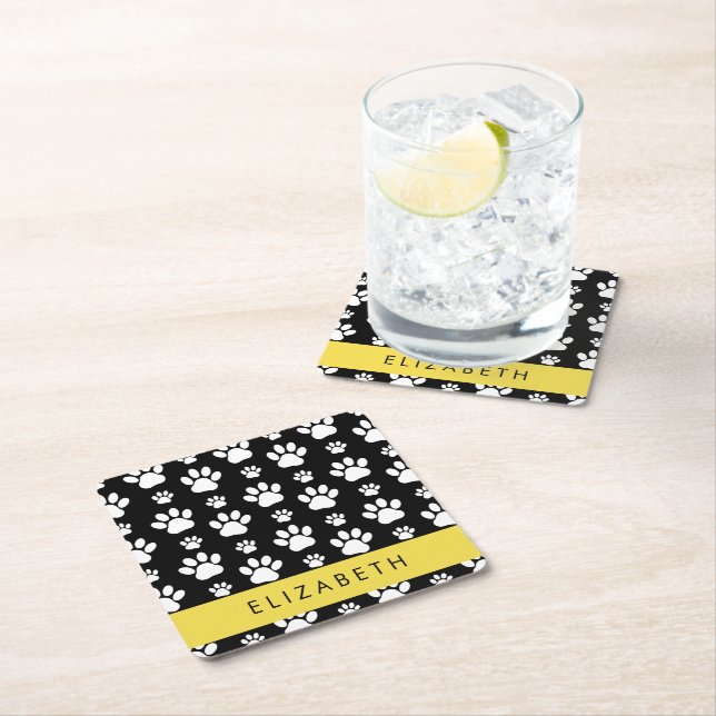 Paw Pattern, Dog Paws, Black and White, Your Name Square Paper Coaster (Insitu)