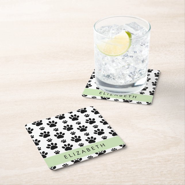 Paw Pattern, Dog Paws, Black and White, Your Name Square Paper Coaster (Insitu)