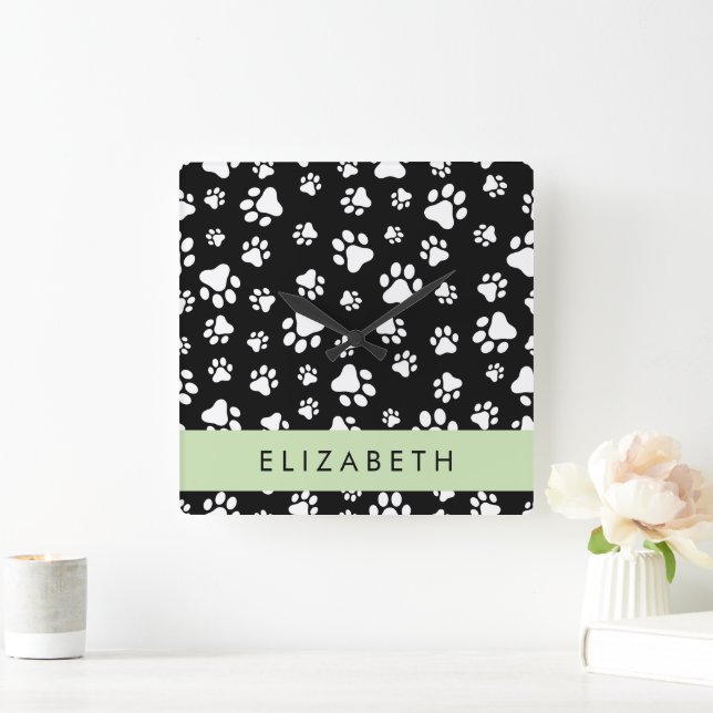 Paw Pattern, Dog Paws, Black and White, Your Name Square Wall Clock (Home)