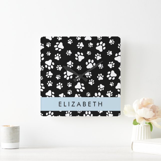 Paw Pattern, Dog Paws, Black and White, Your Name Square Wall Clock (Home)