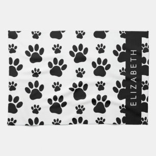 Paw Pattern, Dog Paws, Black and White, Your Name Tea Towel