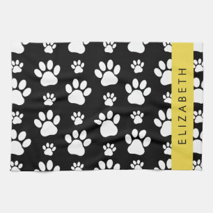 Paw Pattern, Dog Paws, Black and White, Your Name Tea Towel