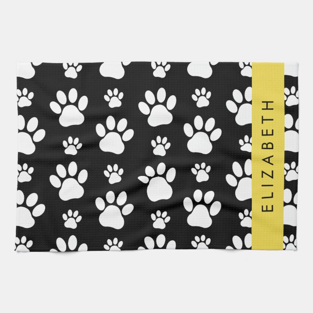 Paw Pattern, Dog Paws, Black and White, Your Name Tea Towel (Horizontal)