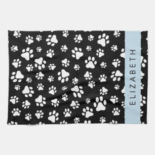 Paw Pattern, Dog Paws, Black and White, Your Name Tea Towel