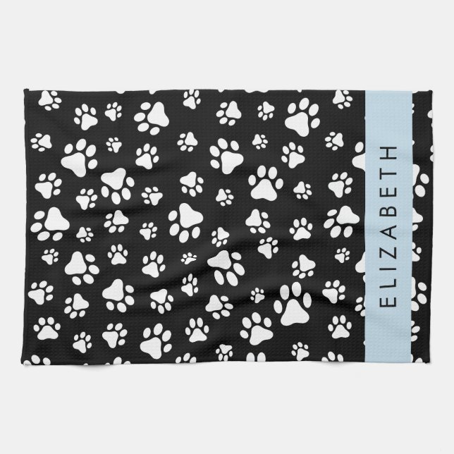 Paw Pattern, Dog Paws, Black and White, Your Name Tea Towel (Horizontal)