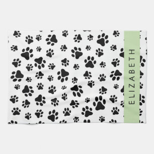 Paw Pattern, Dog Paws, Black and White, Your Name Tea Towel