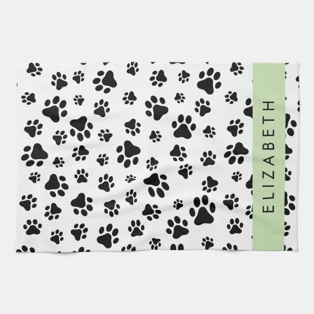 Paw Pattern, Dog Paws, Black and White, Your Name Tea Towel (Horizontal)