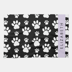Paw Pattern, Dog Paws, Black and White, Your Name Tea Towel