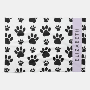 Paw Pattern, Dog Paws, Black and White, Your Name Tea Towel