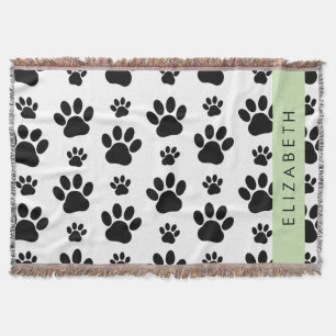 Paw Pattern, Dog Paws, Black and White, Your Name Throw Blanket