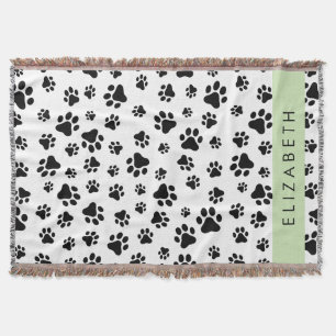 Paw Pattern, Dog Paws, Black and White, Your Name Throw Blanket