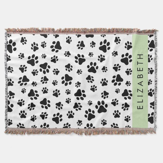 Paw Pattern, Dog Paws, Black and White, Your Name Throw Blanket (Front)