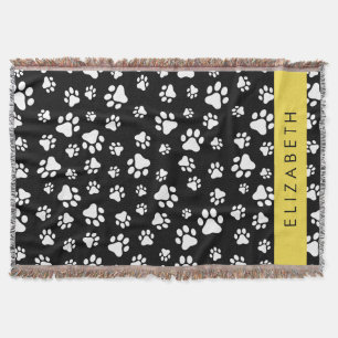 Paw Pattern, Dog Paws, Black and White, Your Name Throw Blanket