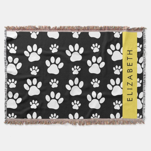 Paw Pattern, Dog Paws, Black and White, Your Name Throw Blanket (Front)