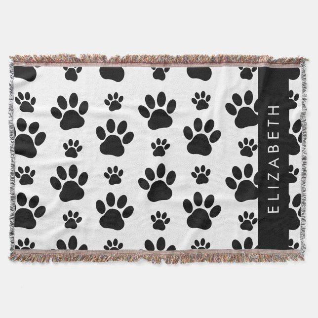 Paw Pattern, Dog Paws, Black and White, Your Name Throw Blanket (Front)