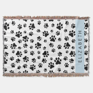 Paw Pattern, Dog Paws, Black and White, Your Name Throw Blanket