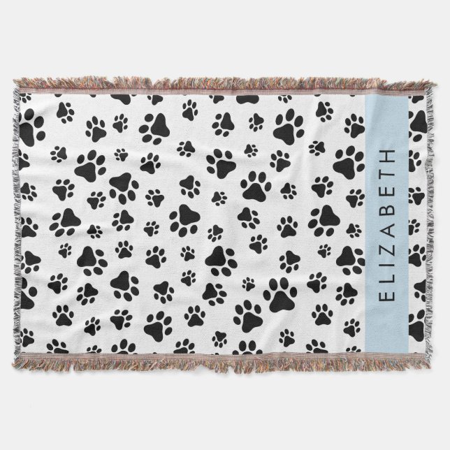 Paw Pattern, Dog Paws, Black and White, Your Name Throw Blanket (Front)