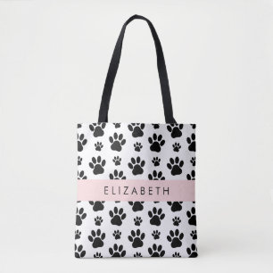 Paw Pattern, Dog Paws, Black and White, Your Name Tote Bag