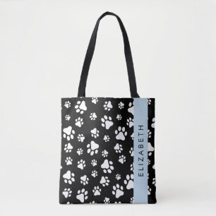 Paw Pattern, Dog Paws, Black and White, Your Name Tote Bag