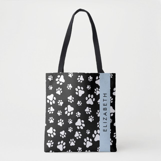 Paw Pattern, Dog Paws, Black and White, Your Name Tote Bag (Front)
