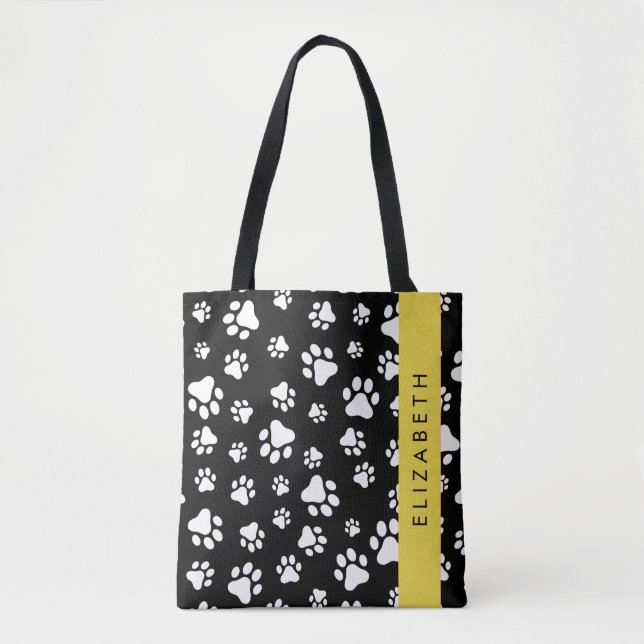 Paw Pattern, Dog Paws, Black and White, Your Name Tote Bag (Front)
