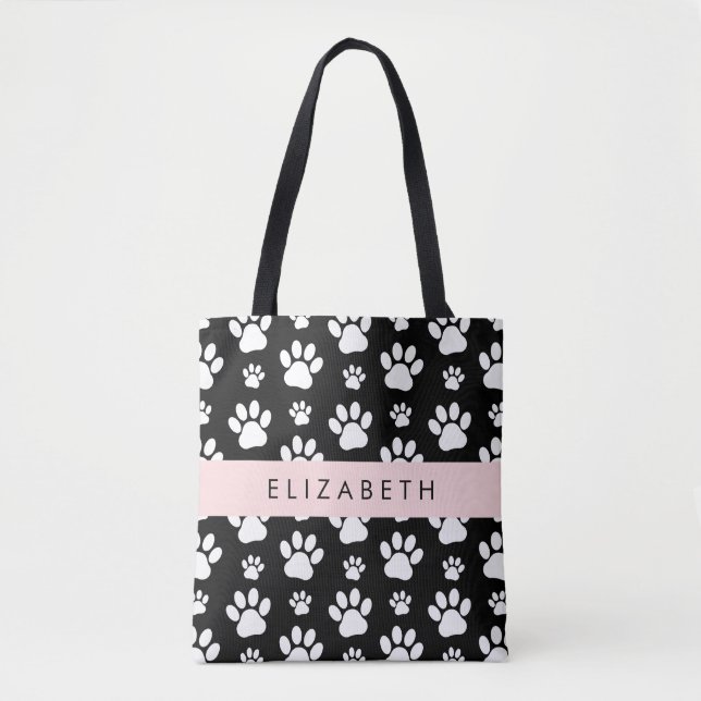 Paw Pattern, Dog Paws, Black and White, Your Name Tote Bag (Front)