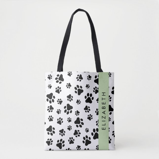 Paw Pattern, Dog Paws, Black and White, Your Name Tote Bag (Front)