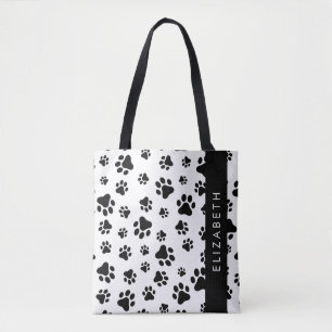 Paw Pattern, Dog Paws, Black and White, Your Name Tote Bag