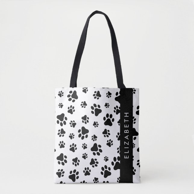 Paw Pattern, Dog Paws, Black and White, Your Name Tote Bag (Front)