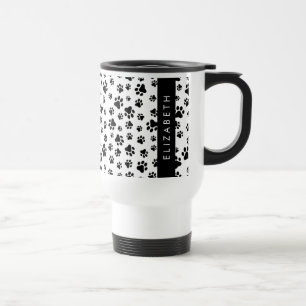 Paw Pattern, Dog Paws, Black and White, Your Name Travel Mug