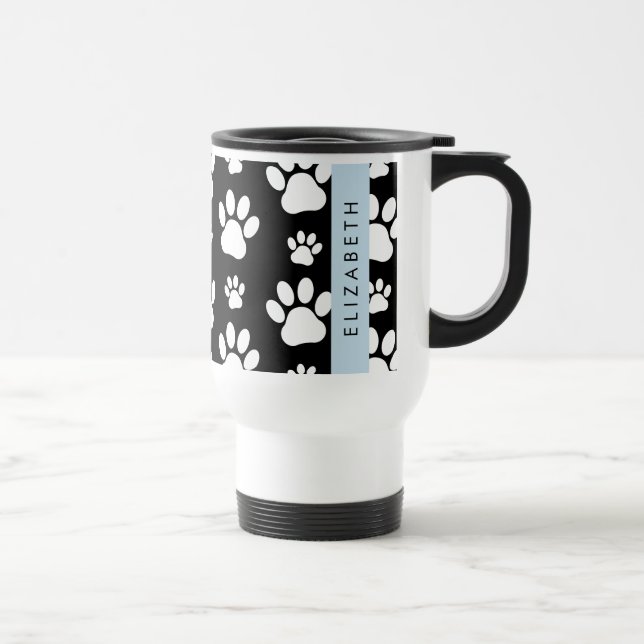 Paw Pattern, Dog Paws, Black and White, Your Name Travel Mug (Right)