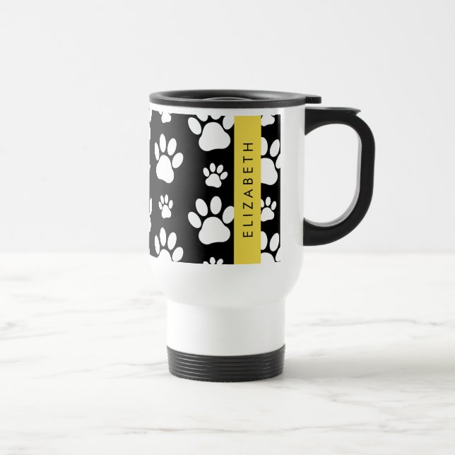 Paw Pattern, Dog Paws, Black and White, Your Name Travel Mug (Right)