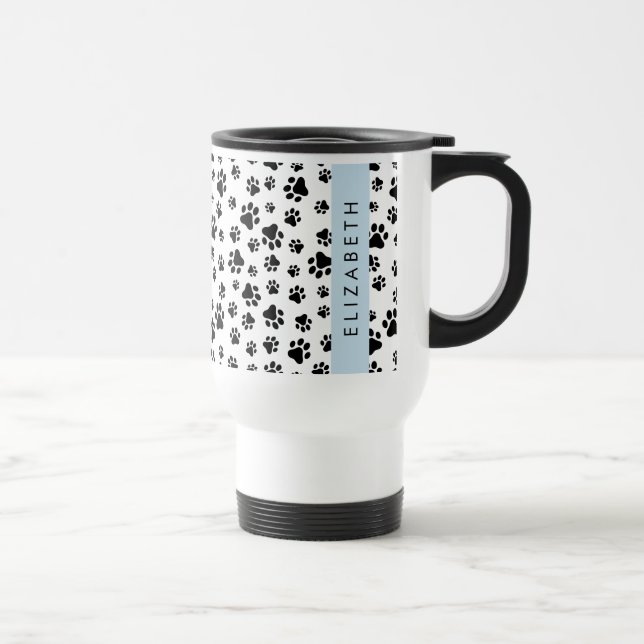 Paw Pattern, Dog Paws, Black and White, Your Name Travel Mug (Right)