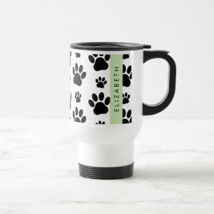 Paw Pattern, Dog Paws, Black and White, Your Name Travel Mug