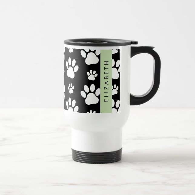 Paw Pattern, Dog Paws, Black and White, Your Name Travel Mug (Right)