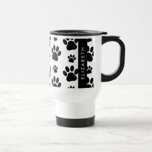 Paw Pattern, Dog Paws, Black and White, Your Name Travel Mug
