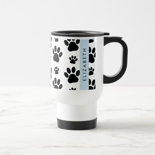 Paw Pattern, Dog Paws, Black and White, Your Name Travel Mug (Right)