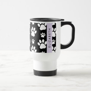 Paw Pattern, Dog Paws, Black and White, Your Name Travel Mug